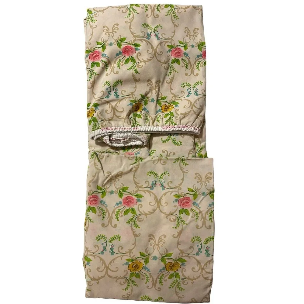 VTG Cannon Full Fitted Sheet Roses Pink Gold Scrolls Green Off White Craft Quilt